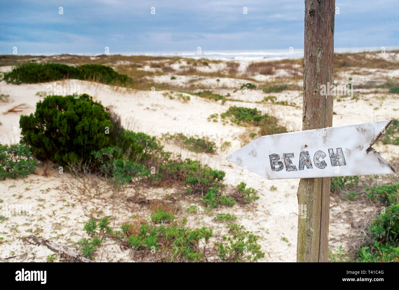 Alabama Gulf Coast Baldwin County Fort Morgan Peninsula sign,Gulf of Mexico public beach sand natural dunes, Stock Photo