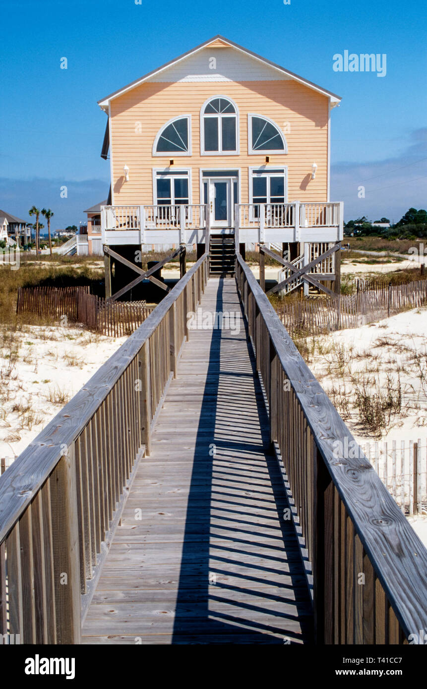 Alabama Gulf of Mexico Coast Baldwin County,Fort Morgan Peninsula boardwalk beachfront house home,sand natural dunes, Stock Photo