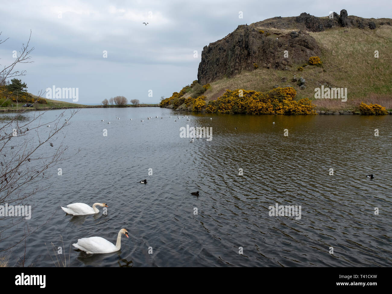 Dunsapie Loch in Holyrood Park,  Edinburgh. Stock Photo