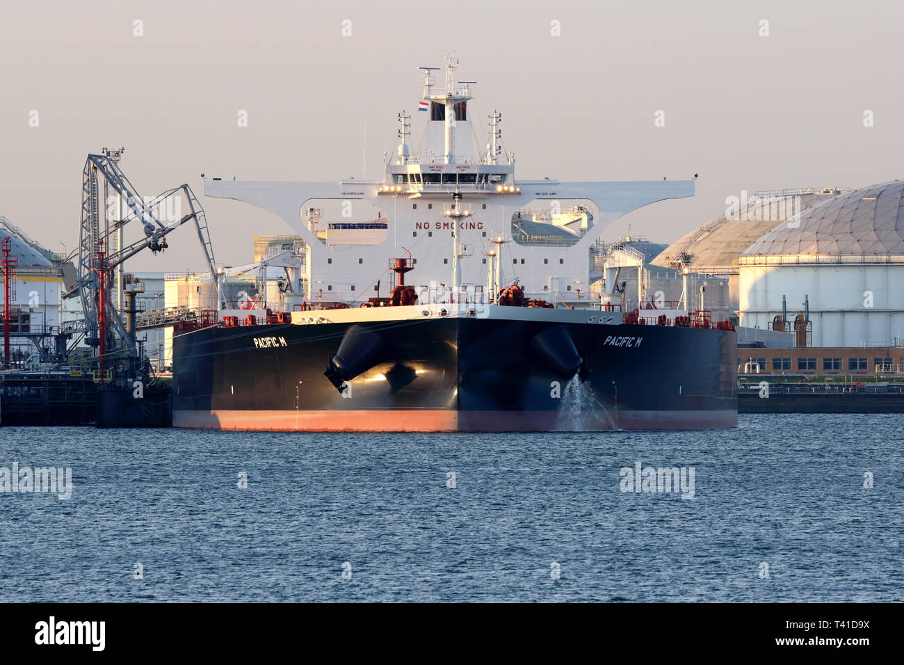 The supertanker Pacific M will unload on 10.04.2019 in the port of Rotterdam. Stock Photo
