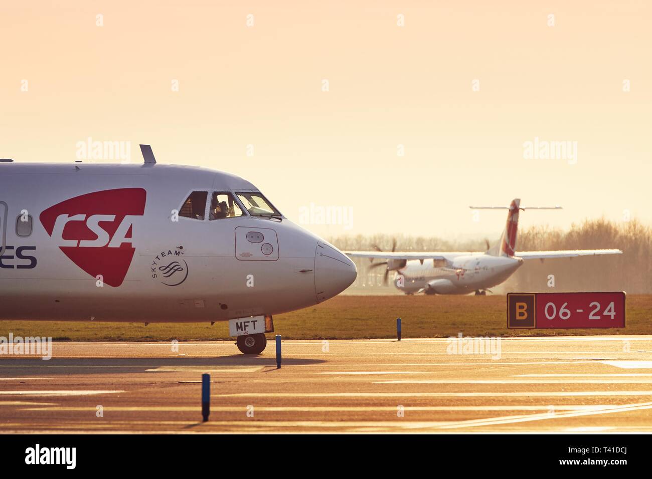 Prague, Czech Republic - March 29, 2019: Two turboprop airplanes ATR-72 of Czech Airlines (CSA) before take off from Vaclav Havel Airport Prague on Ma Stock Photo