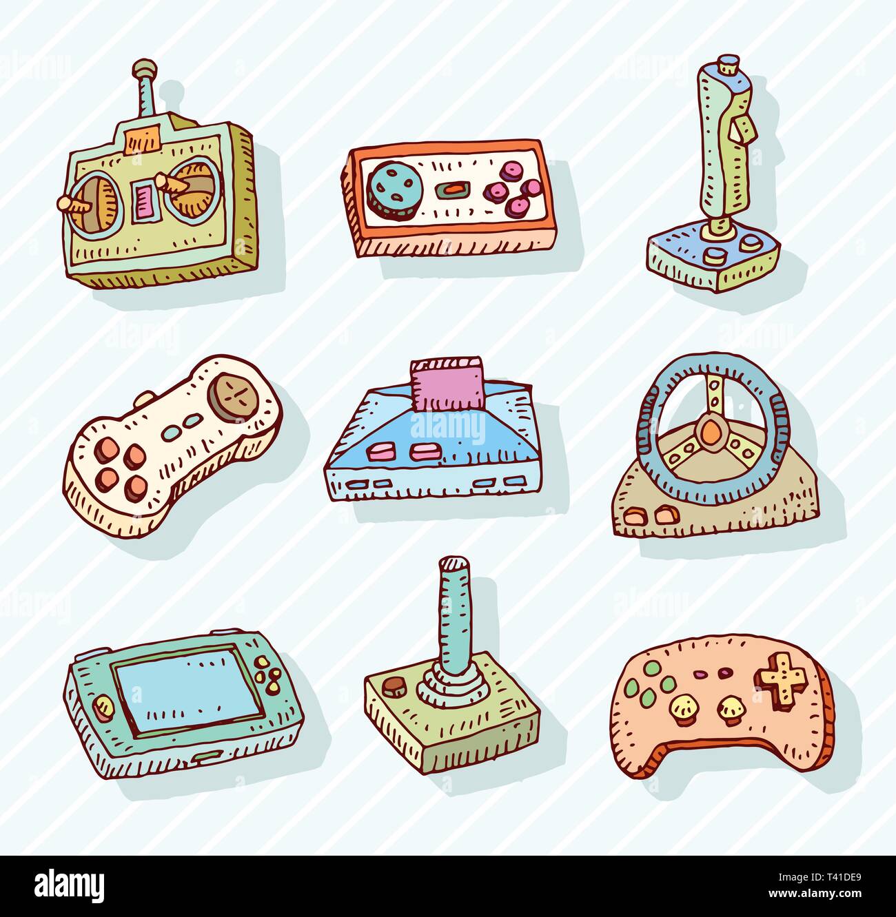 Set of doodle vector icons related to computer games. Joysticks