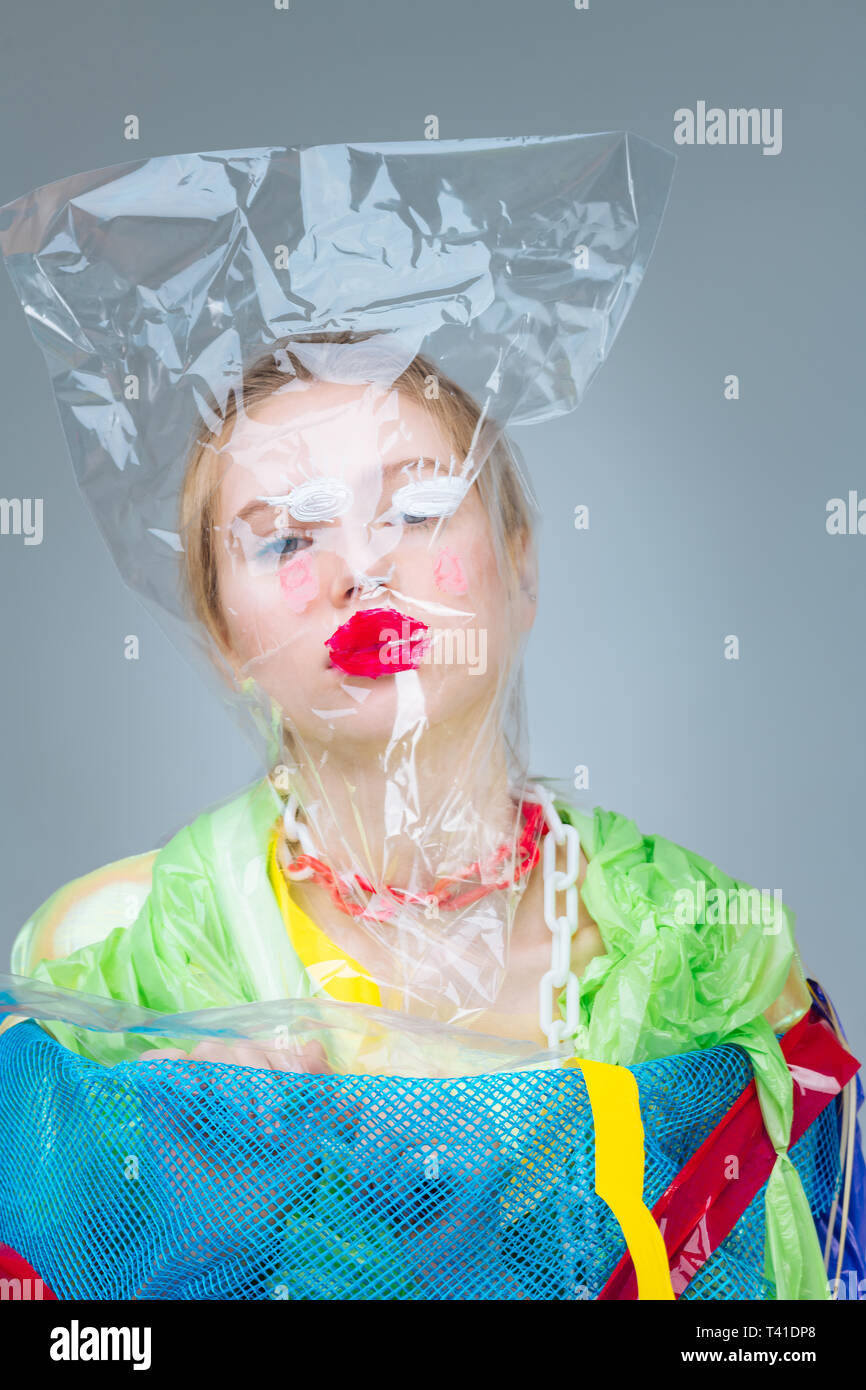 Bag on head. Professional model with plastic bag on her head taking part in social anti-plastic Stock Photo Alamy