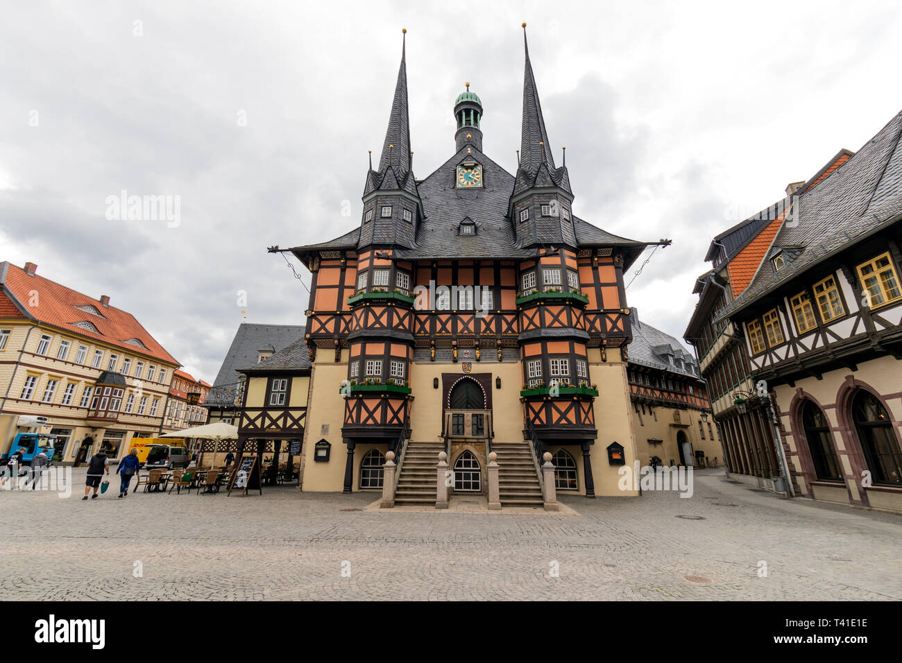 WERNIGRODE, GERMANY - APR 26, 2018: Historic town hall and htimber framed houses in the centre of Wernigerode town in Saxony-Anhalt, Germany Stock Photo