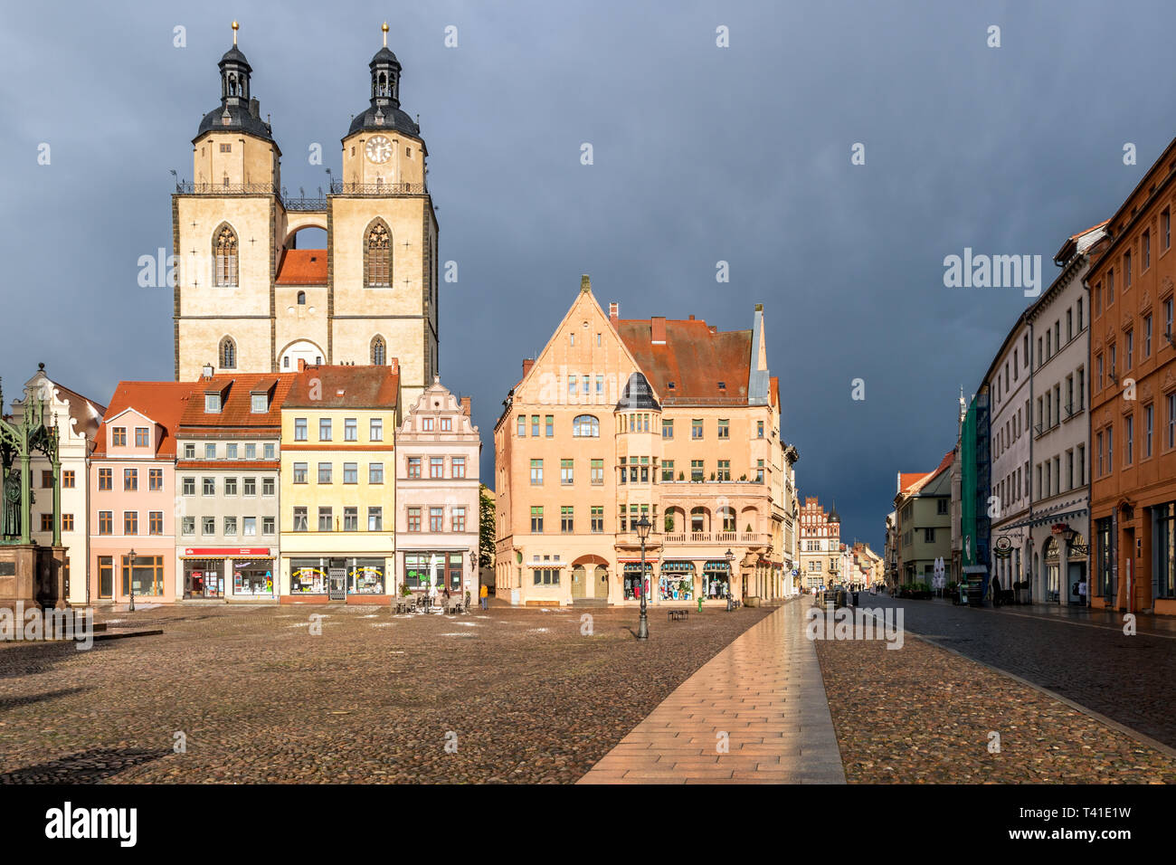 WITTENBERG, GERMANY - APRIL 26, 2018: View on the market square with town hall and Stadtkirche Wittenberg in Lutherstadt Wittenberg city, Saxeny-Anhal Stock Photo