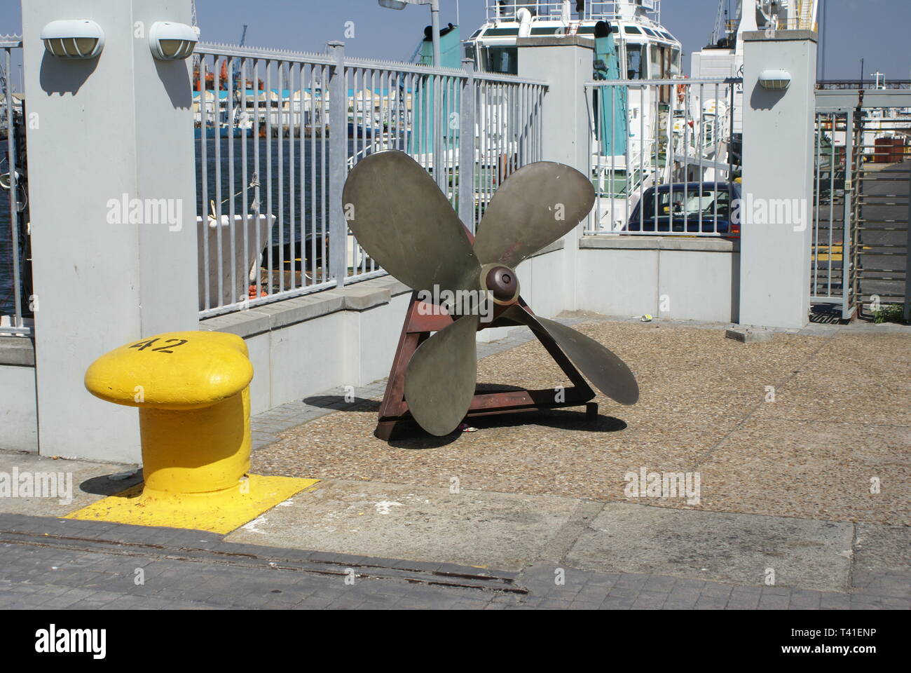 The art object is the propeller on the waterfront Victoria Basin. Cape Town. SA. Stock Photo