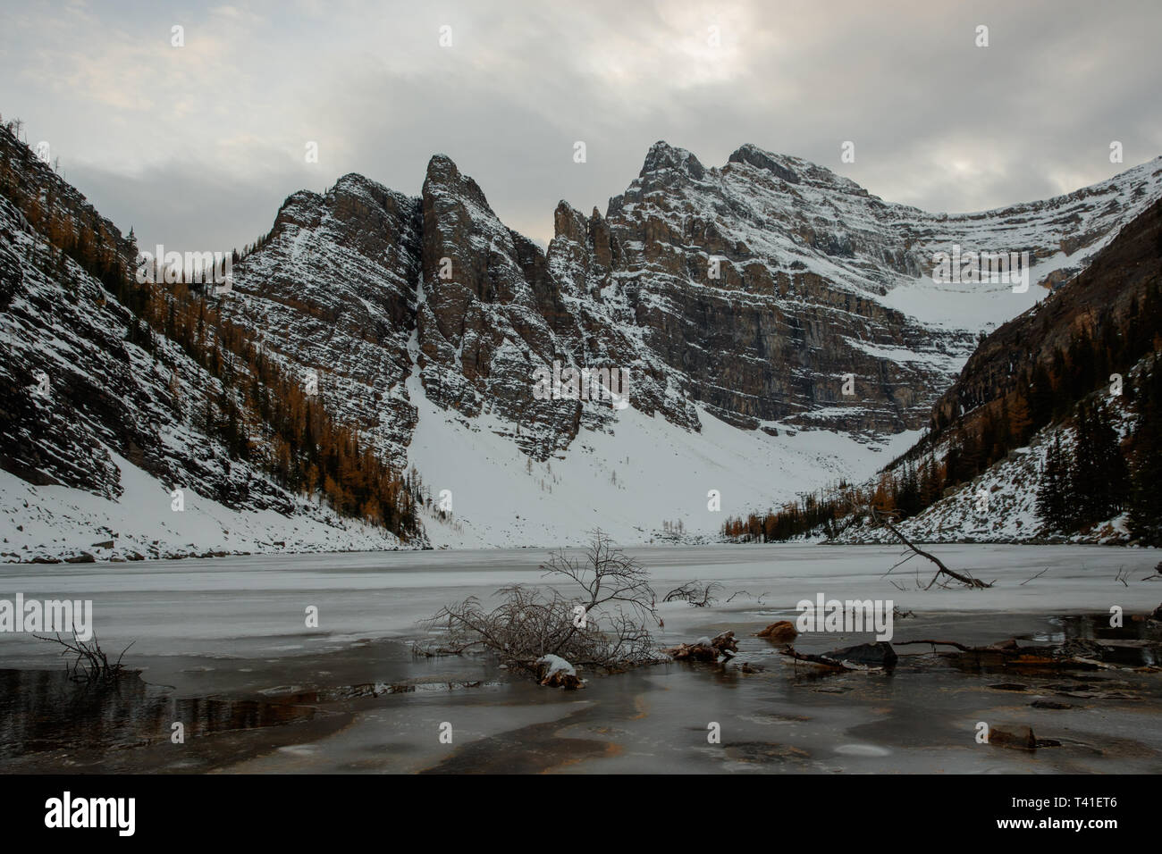 Mount Whyte and Mount Niblock by Lake Agnes in Lake Louise Stock Photo