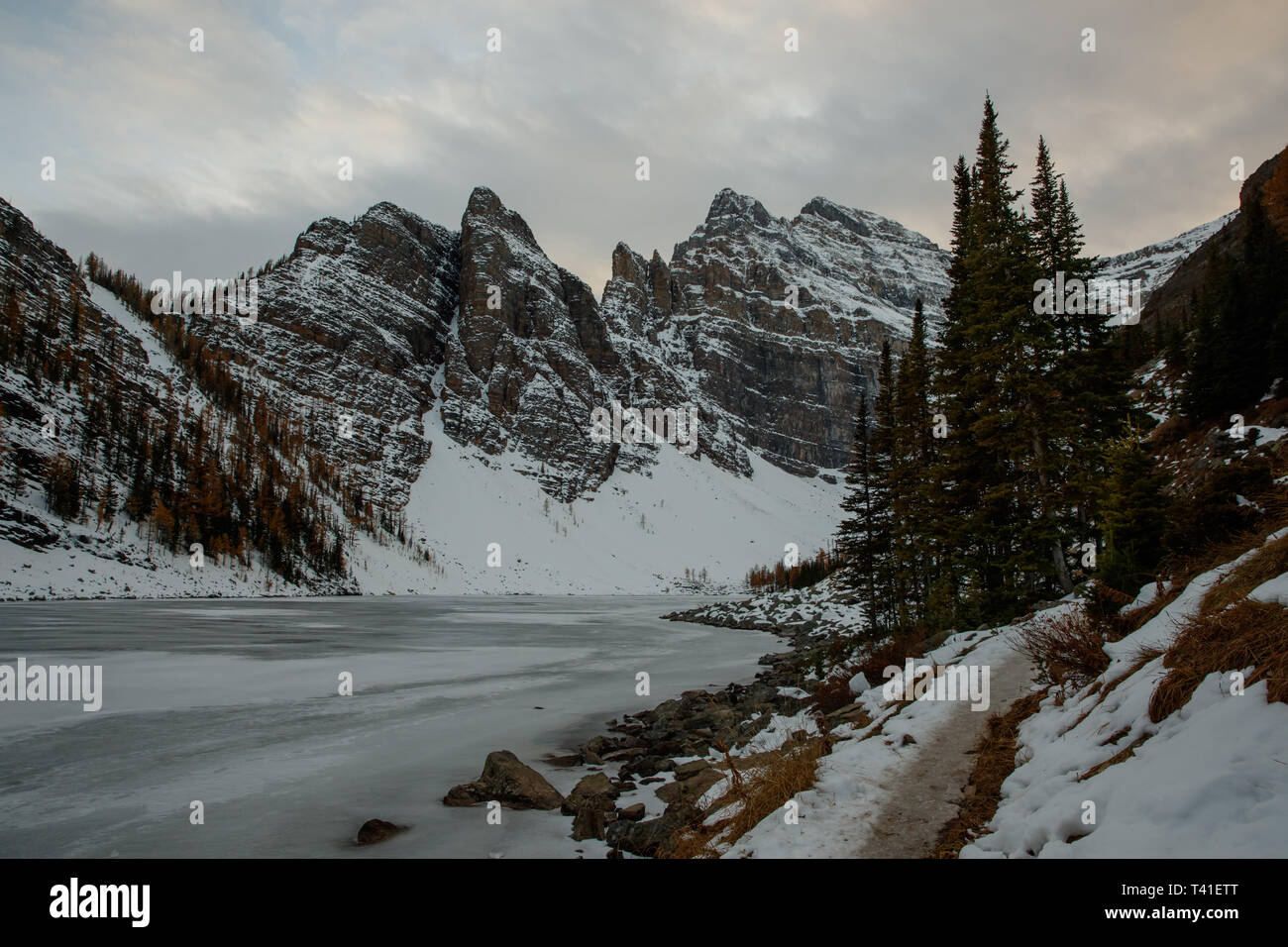 Mount Whyte and Mount Niblock by Lake Agnes in Lake Louise Stock Photo
