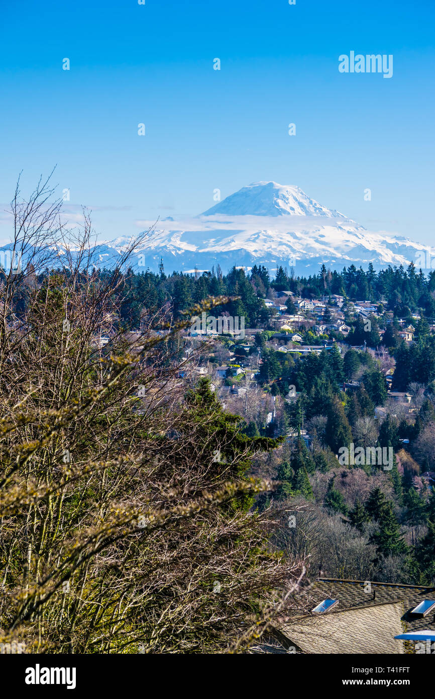 A view of Mount Rainier and homes Stock Photo Alamy