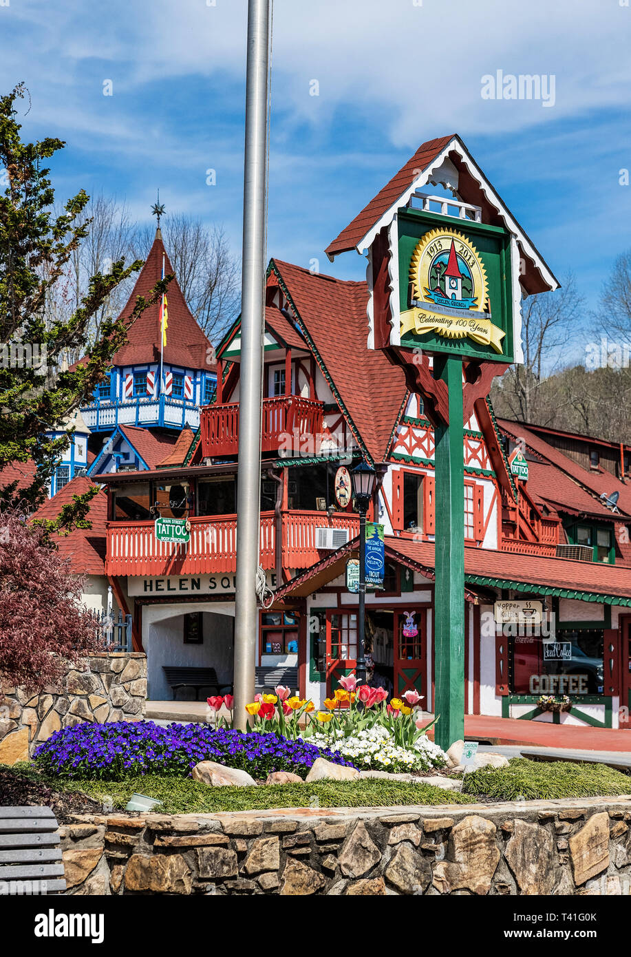 Helen, Georgia is a town modeled on a Bavarian alpine design motif that has made it a tourist attraction. Stock Photo