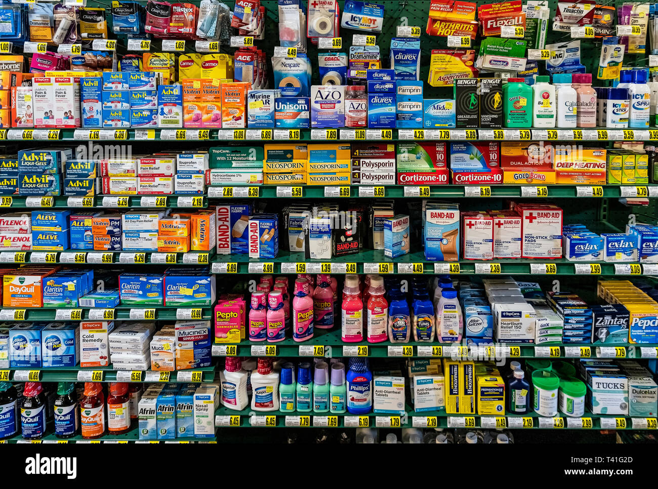 Over the counter medications display in a store. Stock Photo