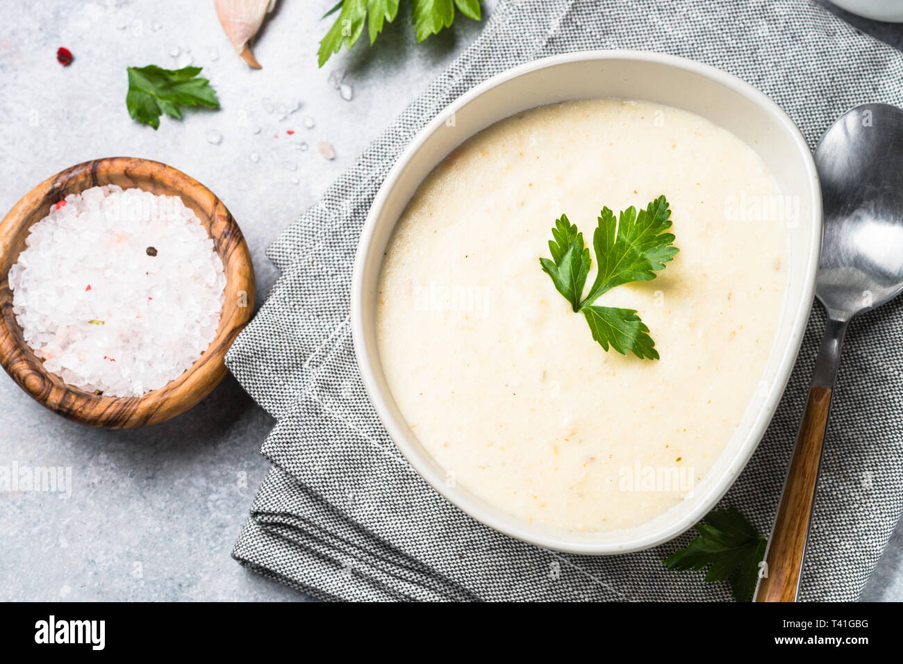 Potato and chicken cream soup Stock Photo - Alamy