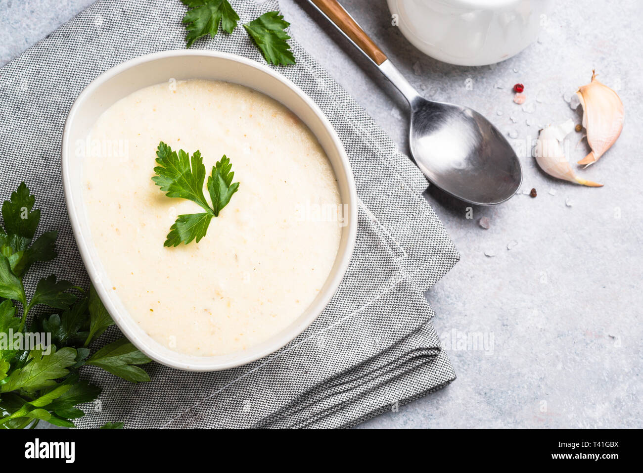 Potato and chicken cream soup Stock Photo - Alamy