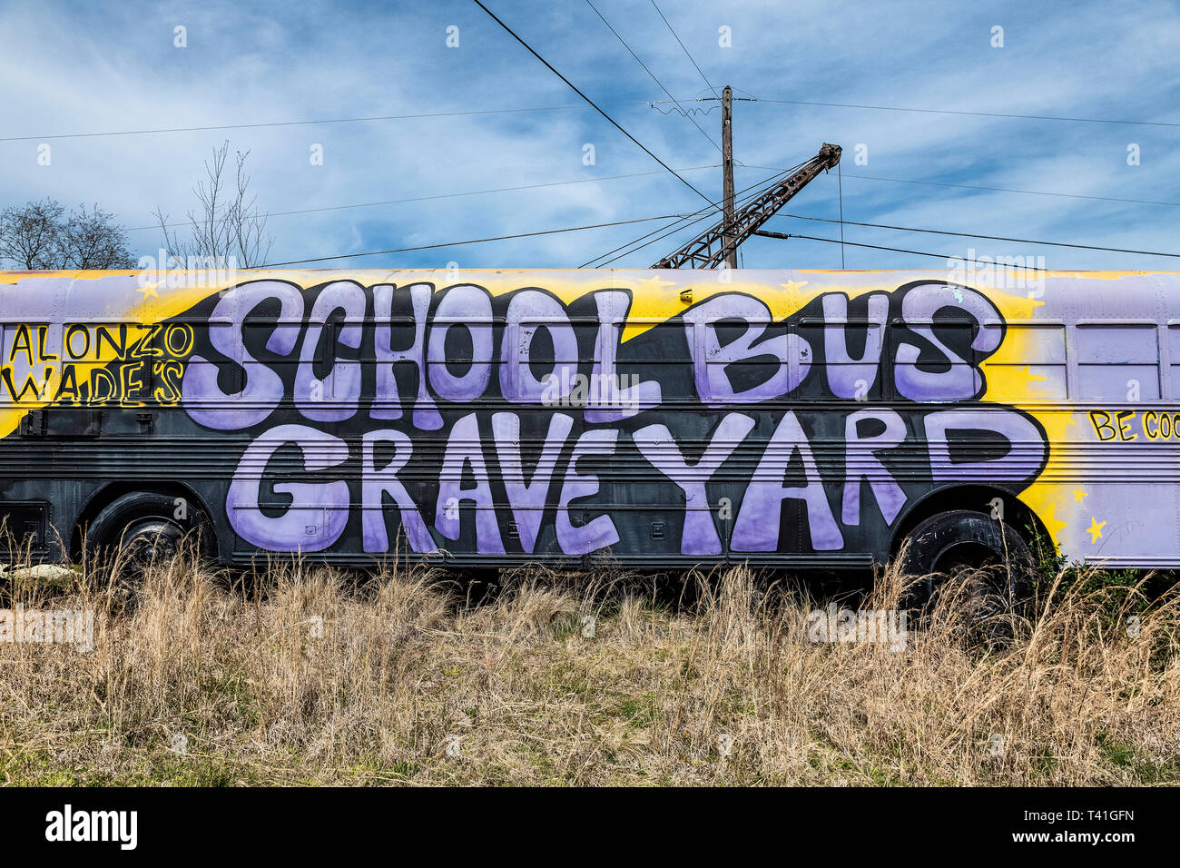 Alonzo Wade's School Bus Graveyard, Alto, Georgia. Stock Photo