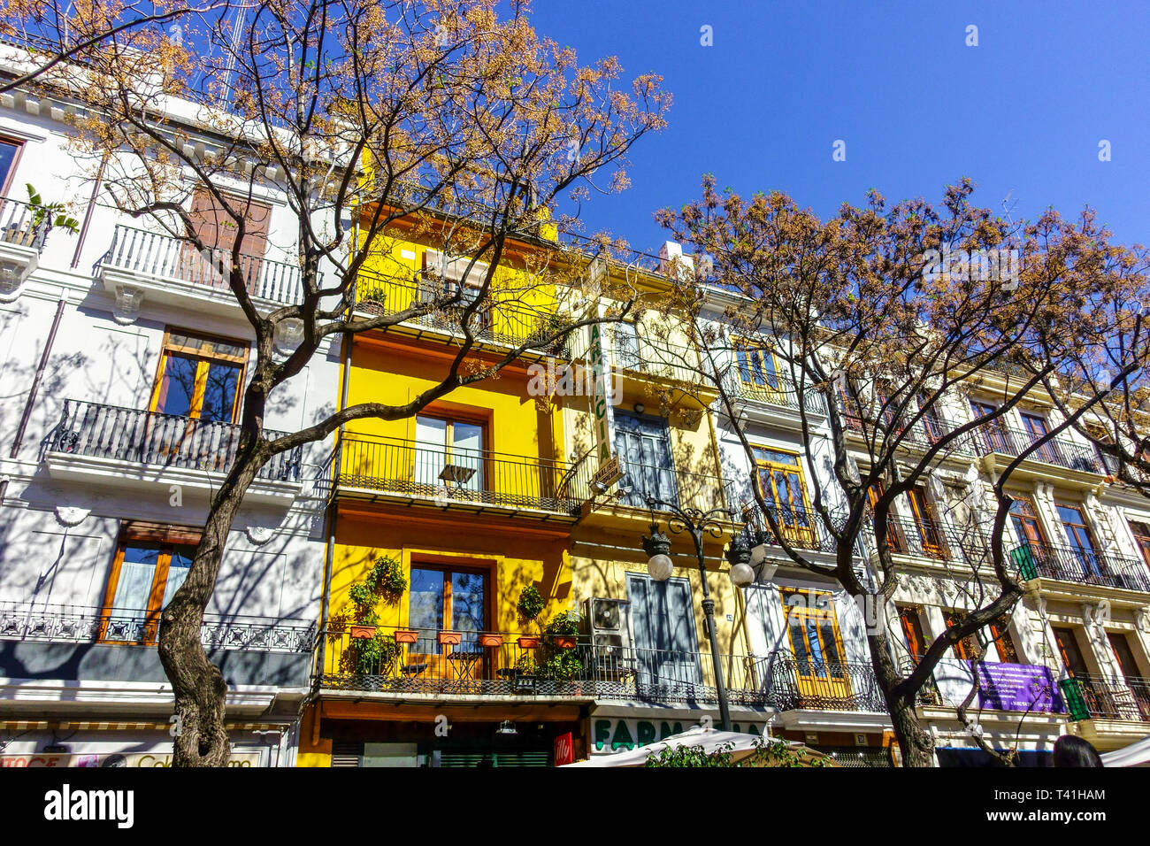 Colorful houses on Plaza de Mercat, Ciutat Vella Valencia apartment Spain Stock Photo