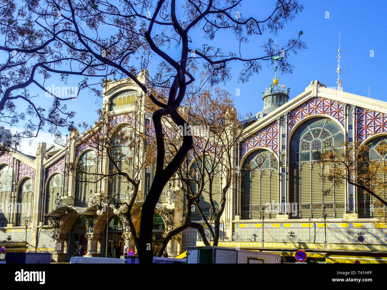 Valencia Central Market Spain Beautiful art nouveau building facade Mercat Central Valencia Spain Europe Stock Photo