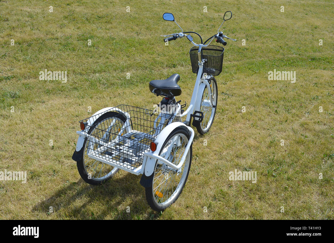 Electric trike or bicycle in the park in sunny summer day. Shot from the side. Unfiltered, with natural lighting. The view of the e motor and power ba Stock Photo