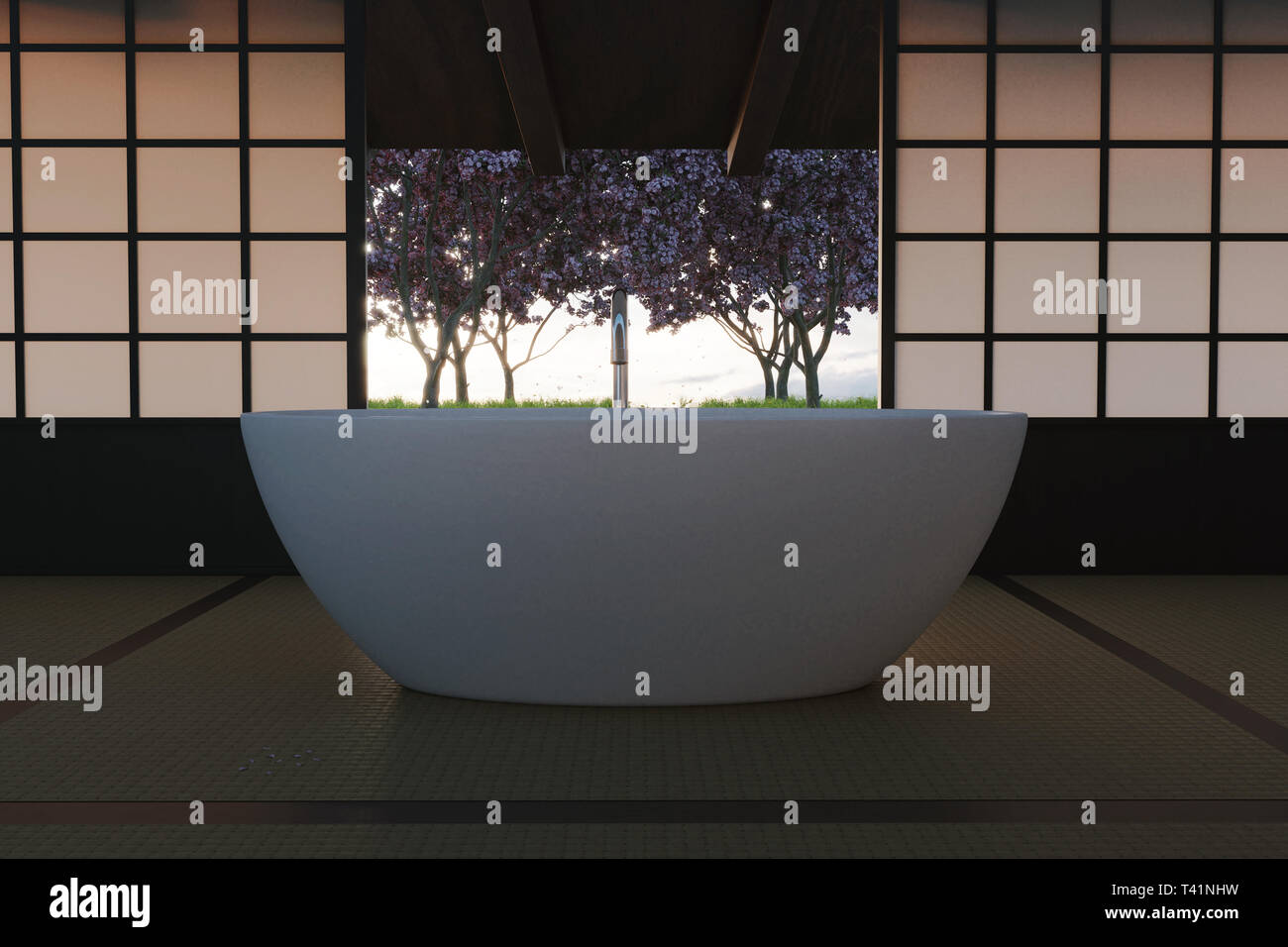 3d rendering of free standing bathtub at traditional japanese house in front of cherry trees Stock Photo