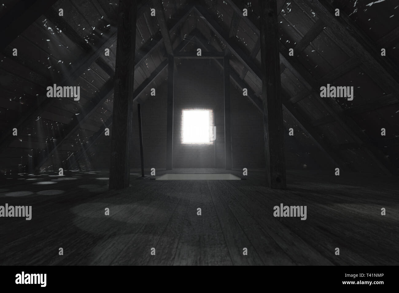 3d rendering of darken empty attic with light rays through holes in the roof Stock Photo