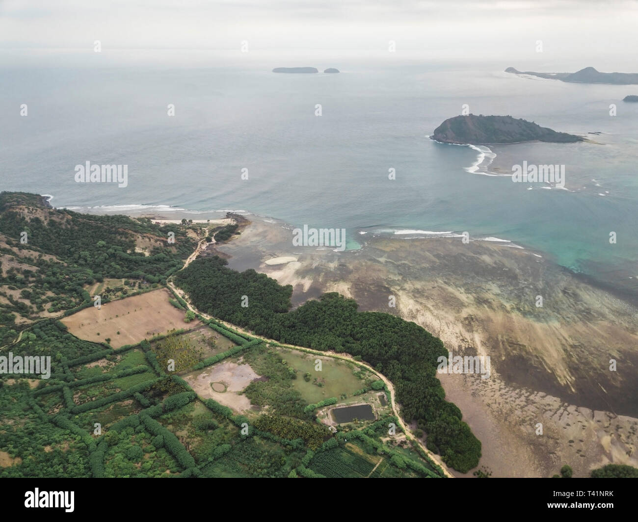 Aerial view of island coastline Stock Photo