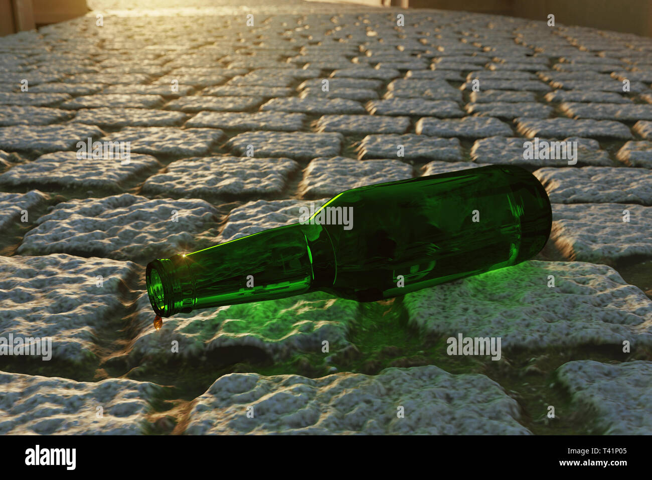 3d rendering of green empty beer bottle with the last drop laying on