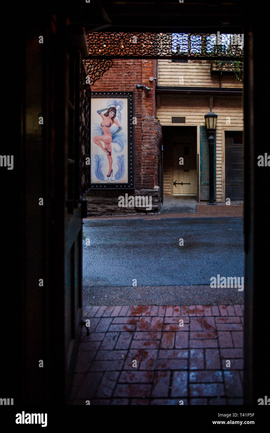 a burlesque image is seen from an open doorway along a brick alley Stock Photo