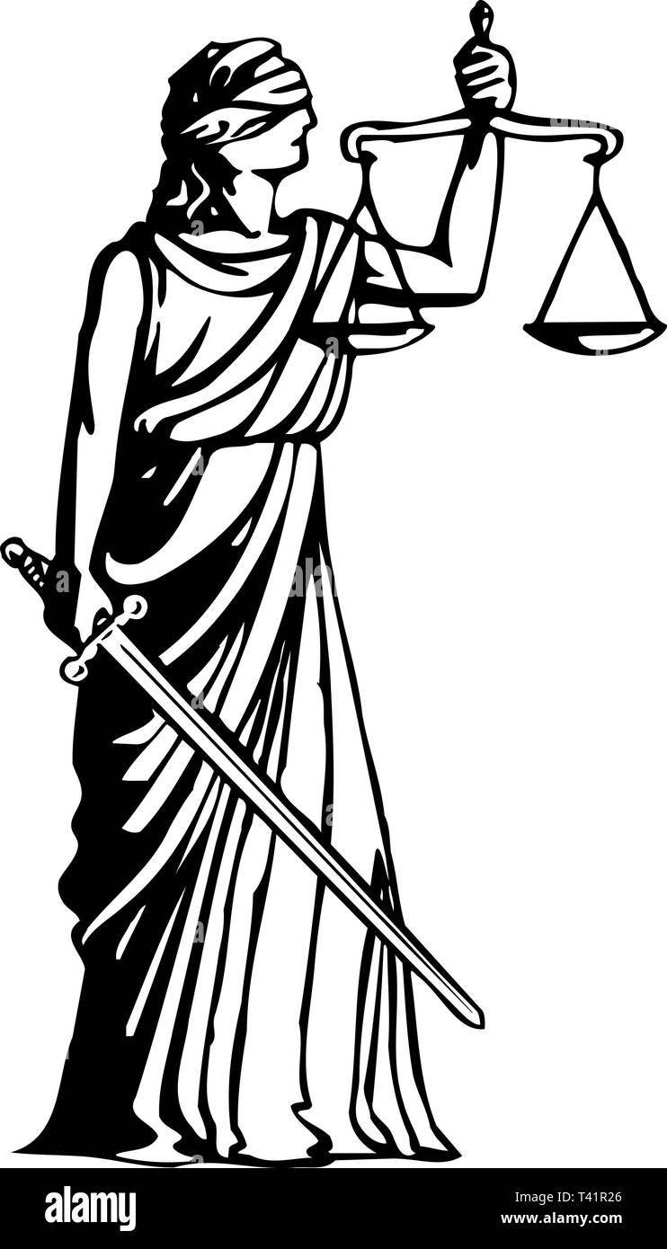 Illustration Of Lady Justice Holding Scales And Sword And Wearing A  Blindfold In A Vintage Woodblock Style. Eps-8 Royalty Free SVG, Cliparts,  Vectors, and Stock Illustration. Image 74426563.