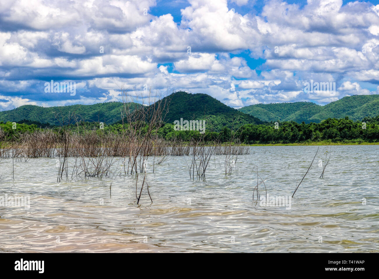 This unique picture shows the beautiful nature with hills and trees and the great reservoir in the Kaeng Krachan National Park in Thailand Stock Photo