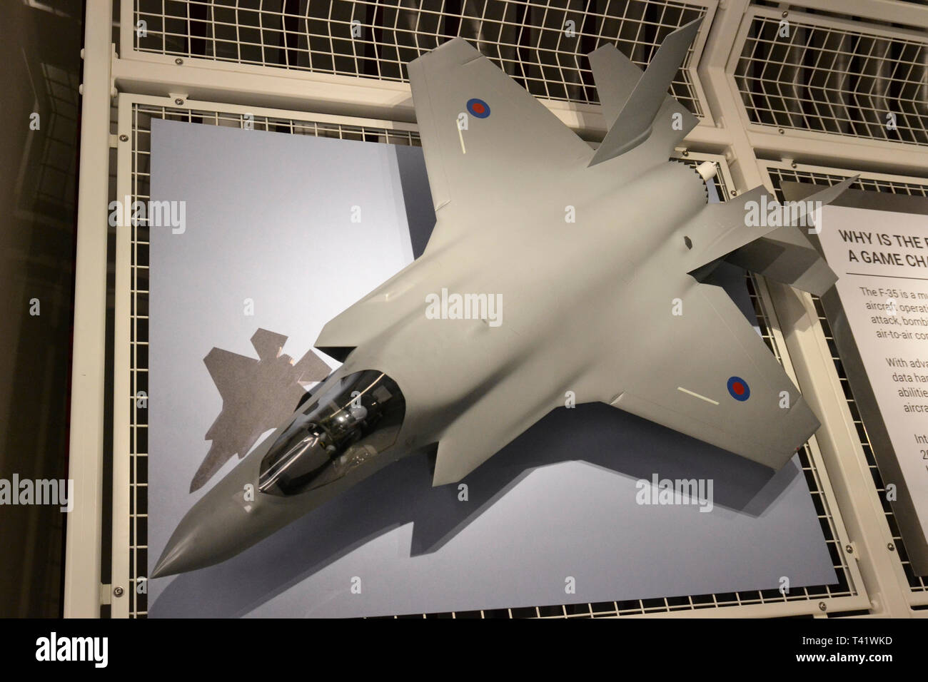 Model of an F-35 Lightning II fighter jet at the RAF Museum, London, UK. Capable of bombing, ground attack, and air-to-air combat. Vertical takeoff. Stock Photo