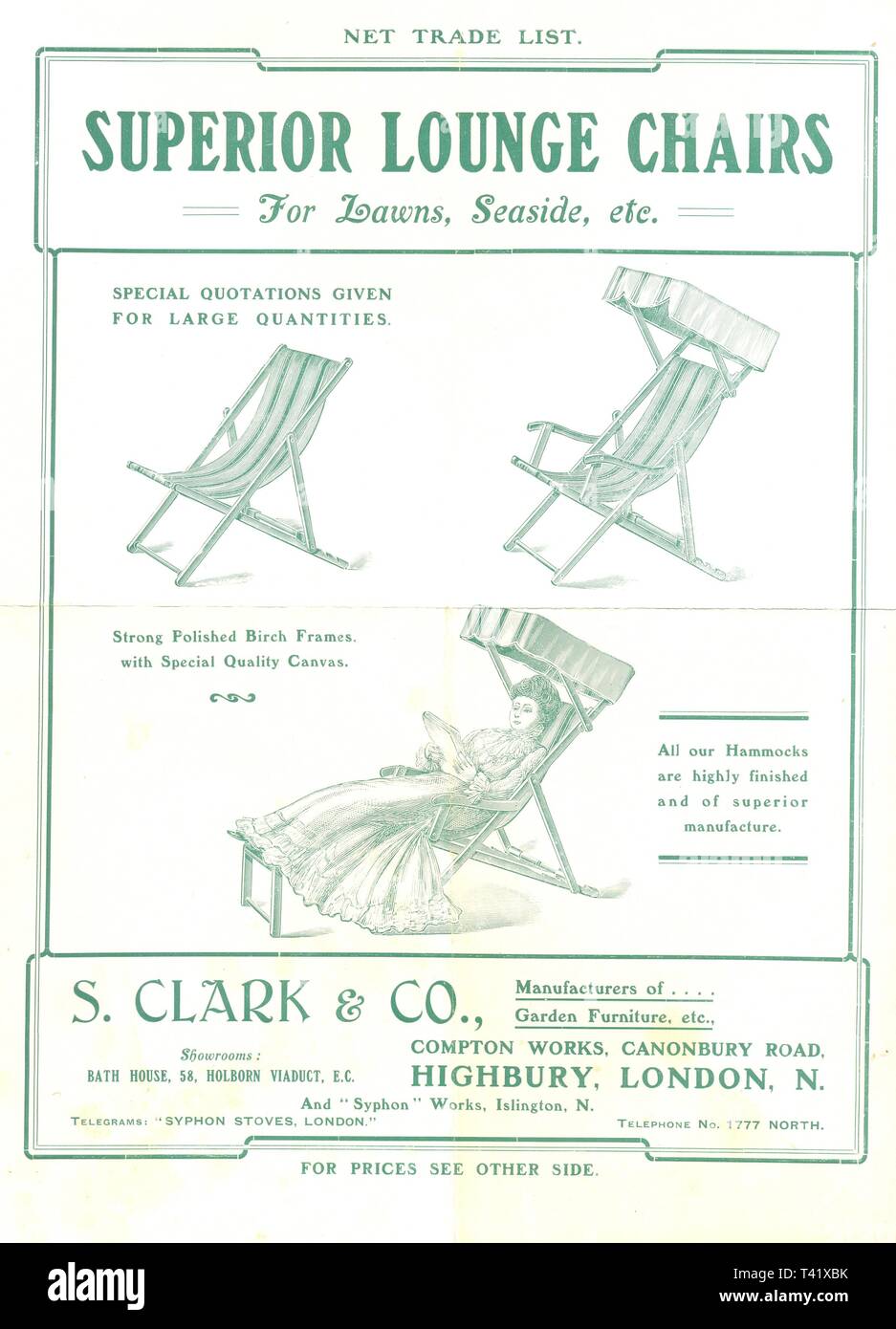 Trade price list for S. Clark & Co's Superior Lounge Chairs circa 1895 Stock Photo