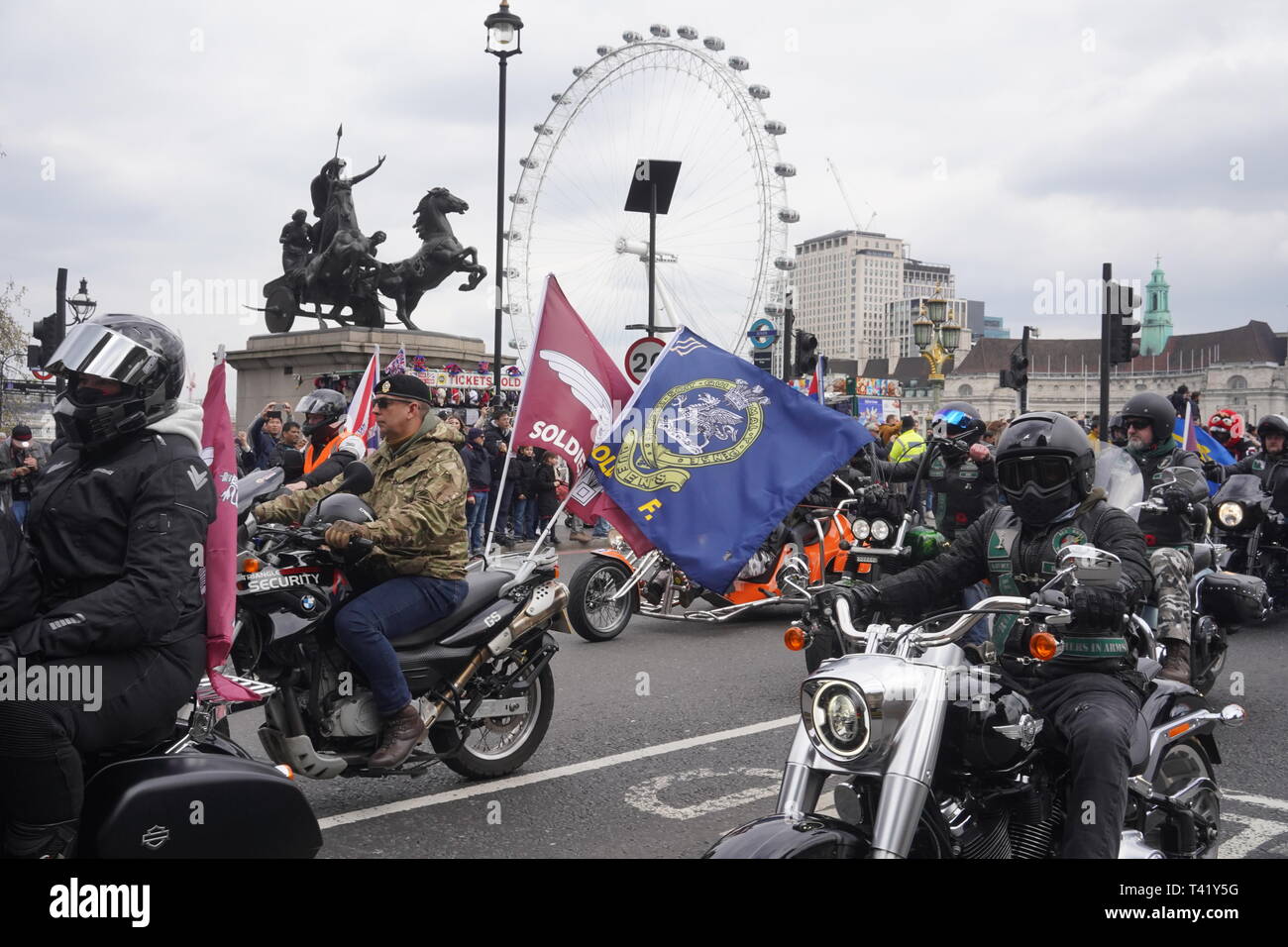 Thousands of bikers rode through London in support of Solider F who is facing prosecution for acts that took place in Northern Ireland in 1972.  The ride began at Hyde Park corner and travelled across Vauxhal Bridge along the embankment and to Parliament Square. Stock Photo
