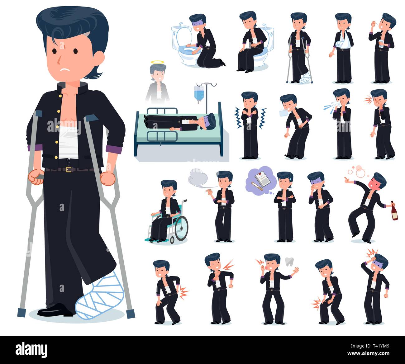 Bad boy student with injury and illness.There are actions that express dependence and death.It's vector art so it's easy to edit. Stock Vector