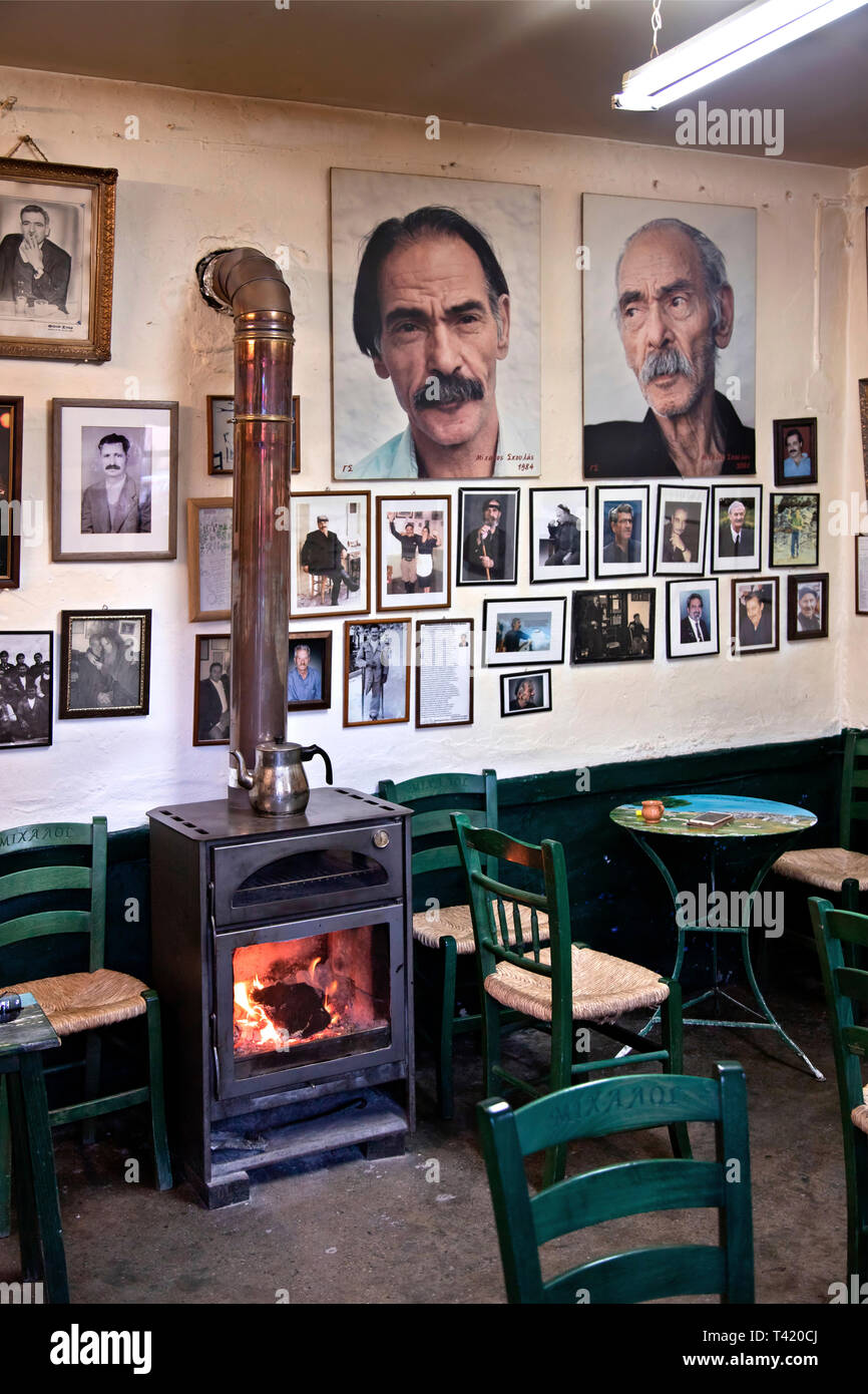 In the traditional coffee shop of the late Michalis Skoulas 'I Plateia tou Syntagmatos' at Perachori neighborhood, Anogeia village, Crete, Greece Stock Photo