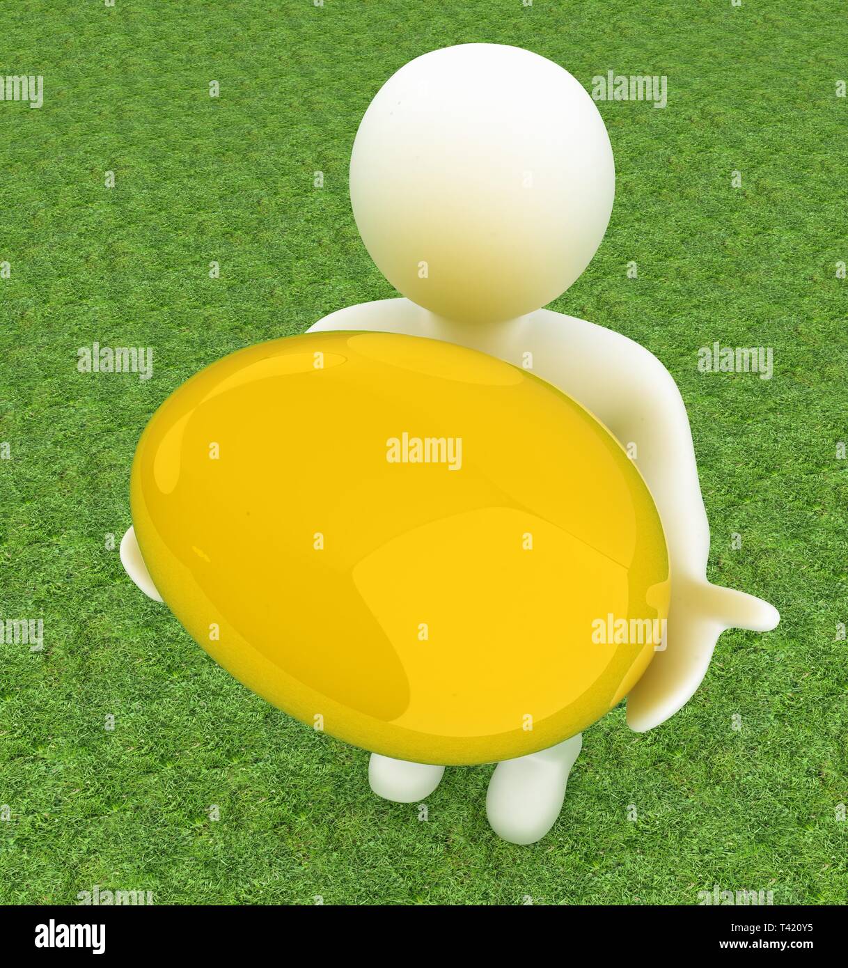 3d small person holds the big Easter egg in a hand. 3d image. On green grass Stock Photo