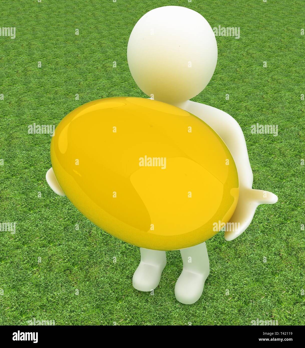 3d small person holds the big Easter egg in a hand. 3d image. On green grass Stock Photo
