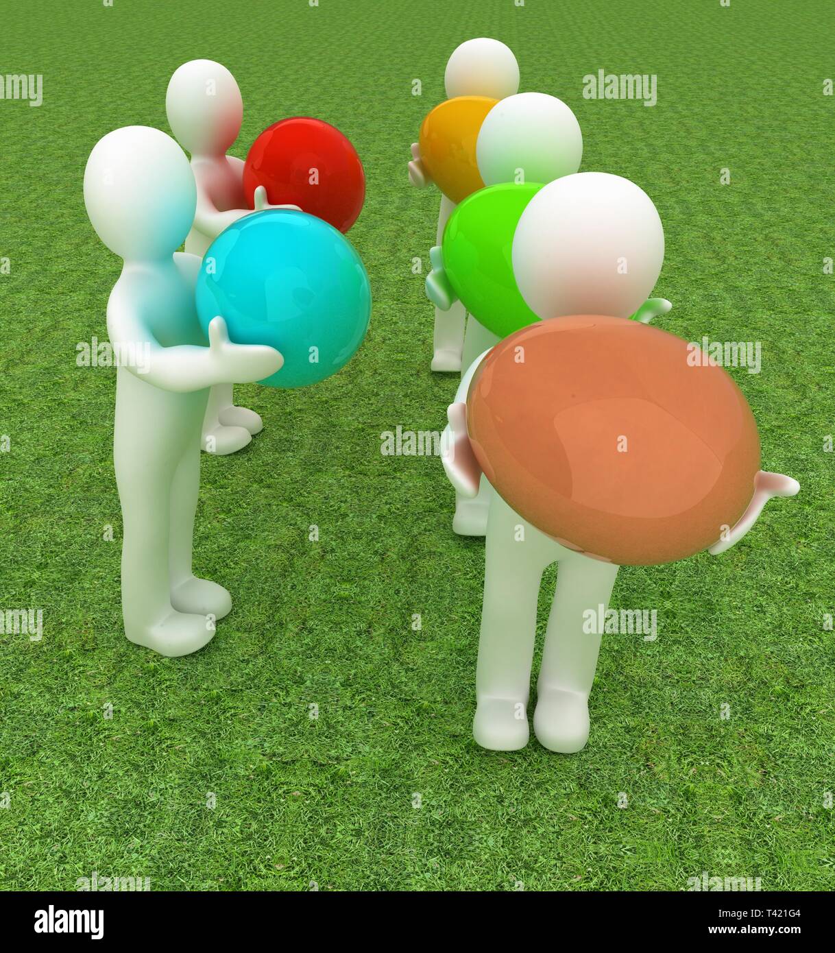 3d small persons holds the big Easter egg in a hand. 3d image. On green grass Stock Photo