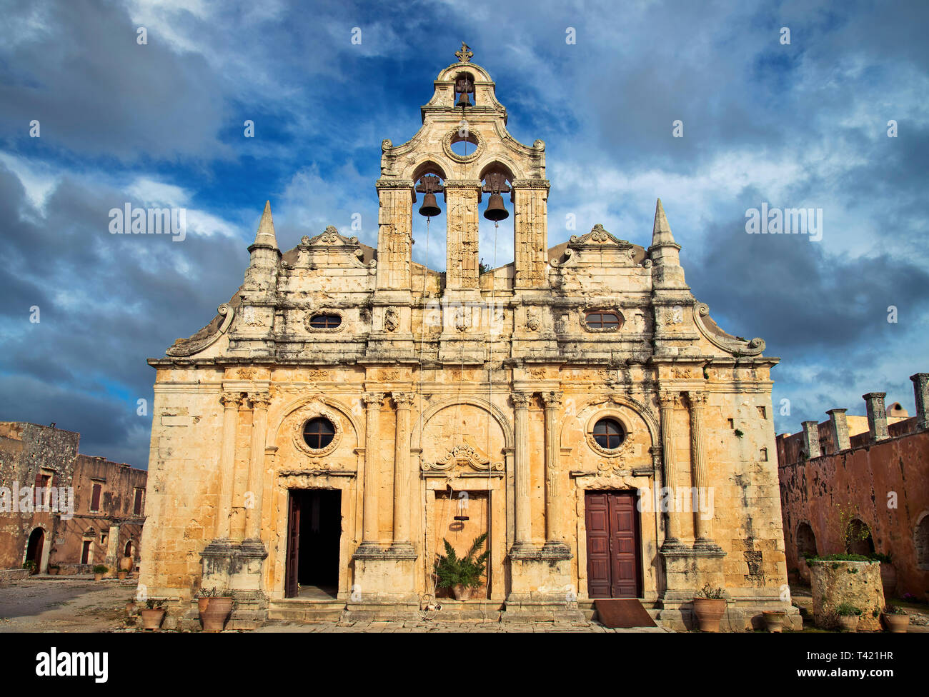 The main church of Arkadi Monastery, symbol of the struggle of Cretans against the Ottoman Empire  , Rethymno, Crete, Greece. Stock Photo