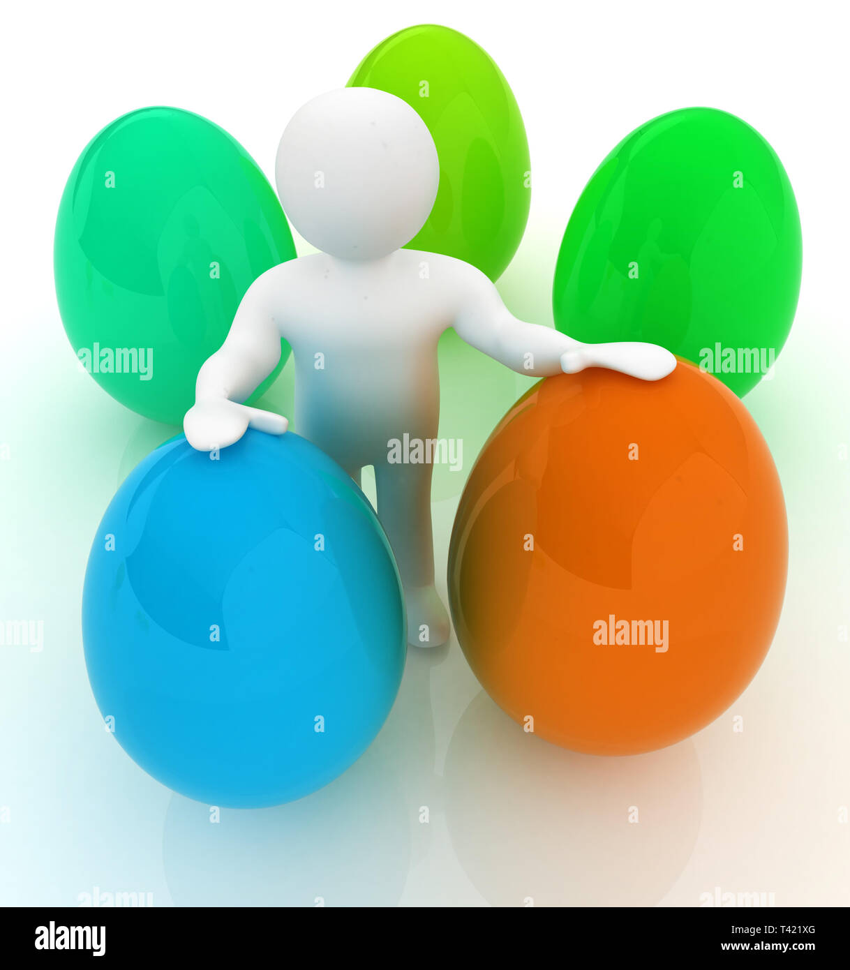 3d small person holds the big Easter egg in a hand. 3d image. Stock Photo