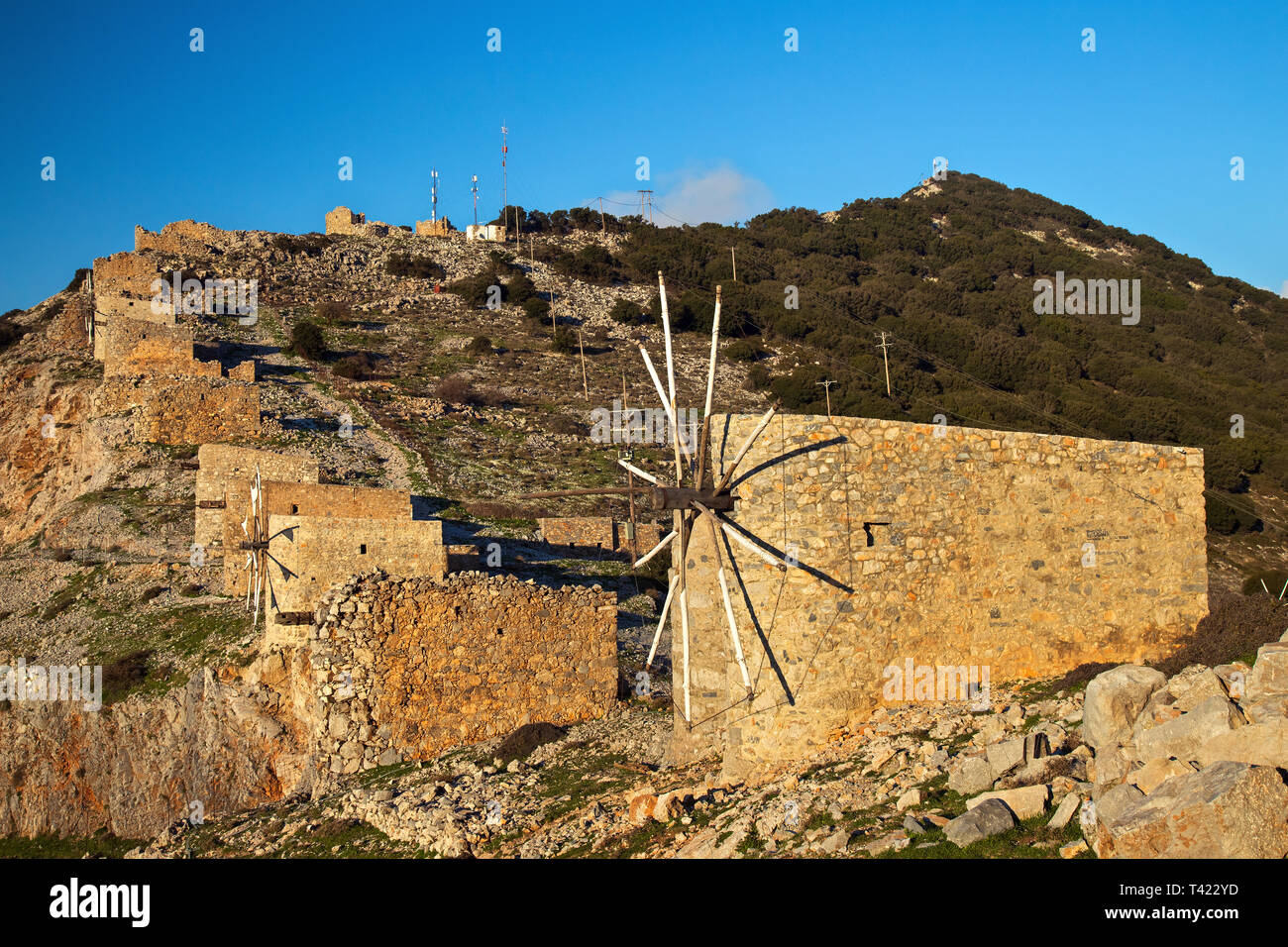 Old traditional windmills at Seli Ambelou, Lassithi Plateau, Crete, Greece. Stock Photo