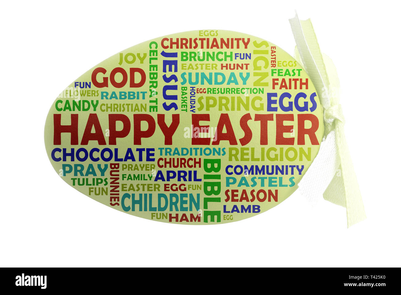 Happy Easter tag cloud with colored and transparent words from the christian holiday Easter. Stock Photo