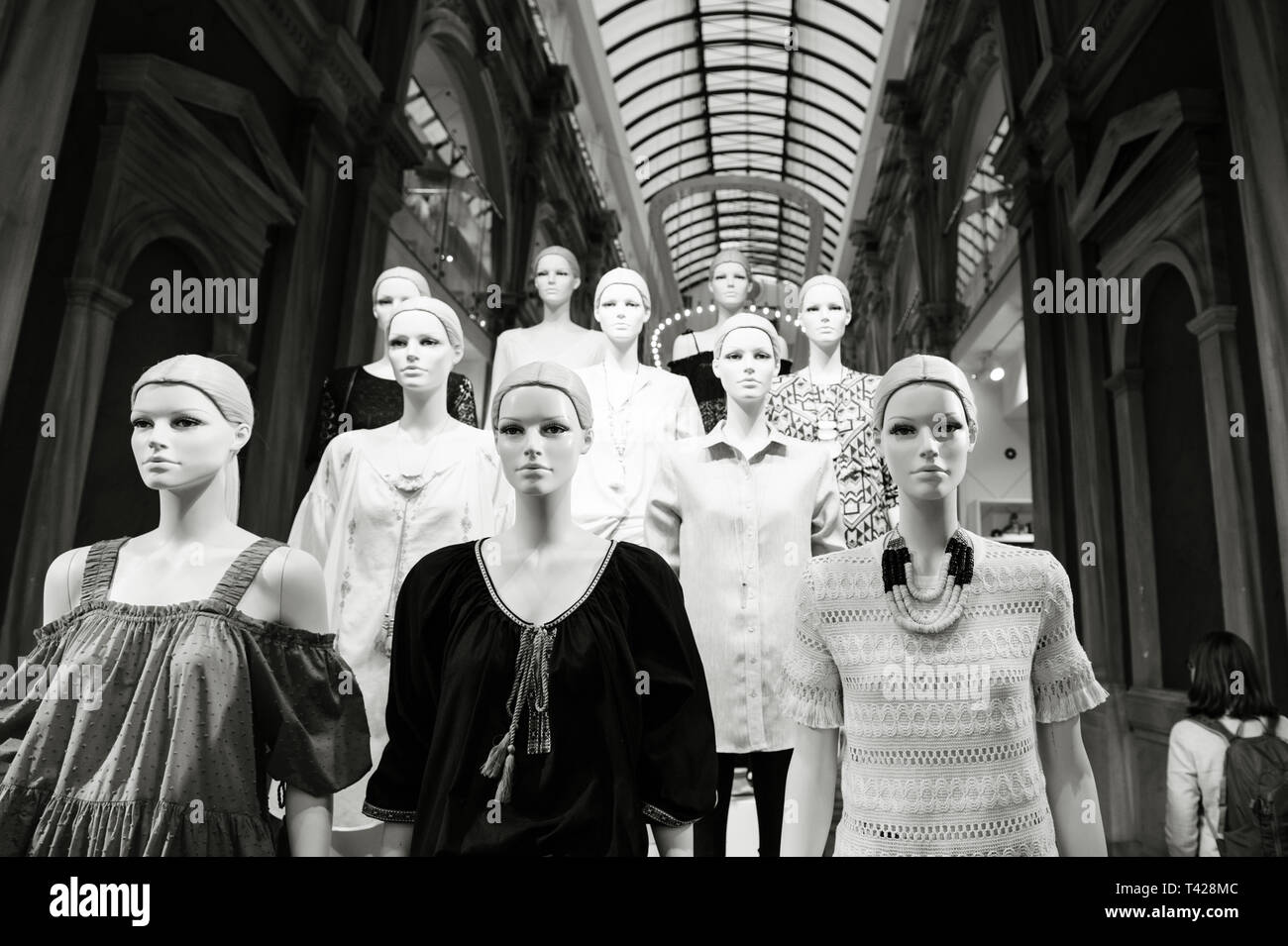 Athens, Greece - 26 Mar 2016: Mannequins wearing H and M fashion clothes  inside store on Ermou 54 street with multiple led lights inside the old  vintage building Stock Photo - Alamy