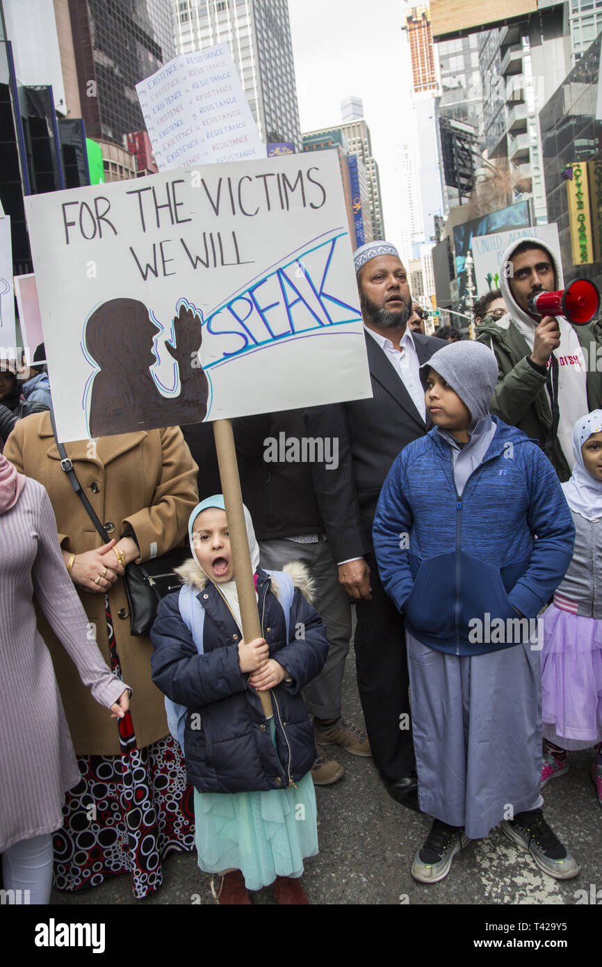 Muslims rally and march in New York City after the New Zealand massacre and for the Palestinians in Gaza as well as against Islamophobia in general. Stock Photo