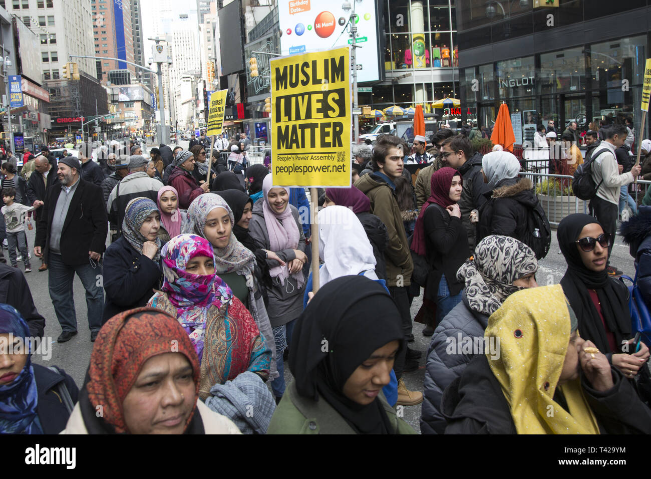 Muslims rally and march in New York City after the New Zealand massacre and for the Palestinians in Gaza as well as against Islamophobia in general. Stock Photo