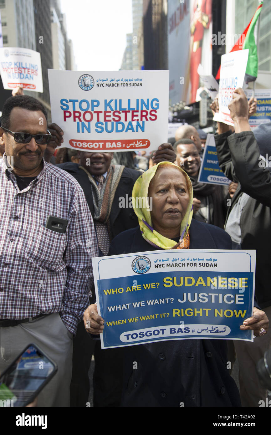 4/6/19: Days before Sudan's dictatorial president Omar al-Bashir was forced from office by a military coup, Sudanese Americans and immigrants demonstrate and march to the UN in NY City to have Bashir resign immediately from office and have democracy restored i9n Sudan. Stock Photo