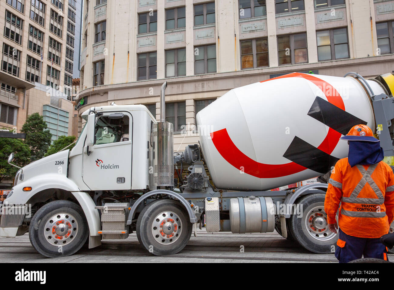 Concrete ready mix lorry with CBD light rail construction works in George street,Sydney,Australia Stock Photo