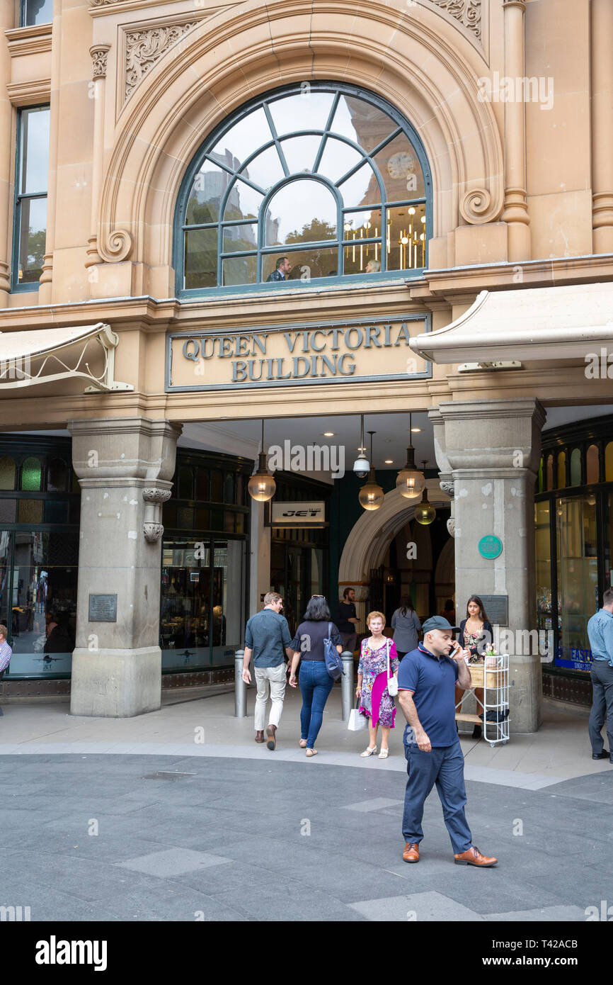 Entrance to the Queen Victoria building also known as QVB on street in Sydney, QVB houses