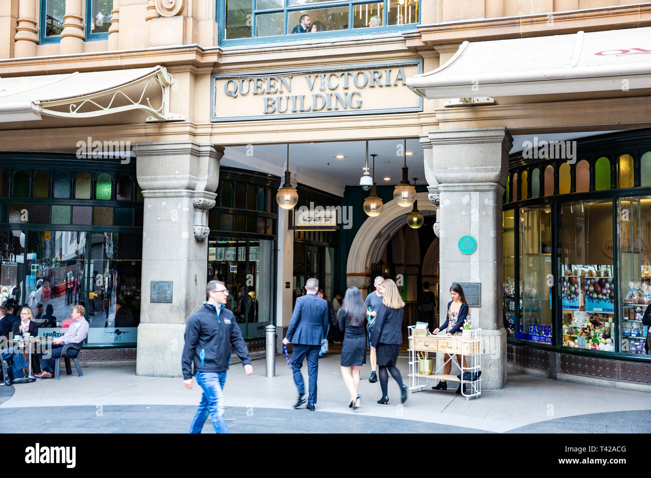 Entrance to the Queen Victoria building also known as QVB on street in Sydney, QVB houses