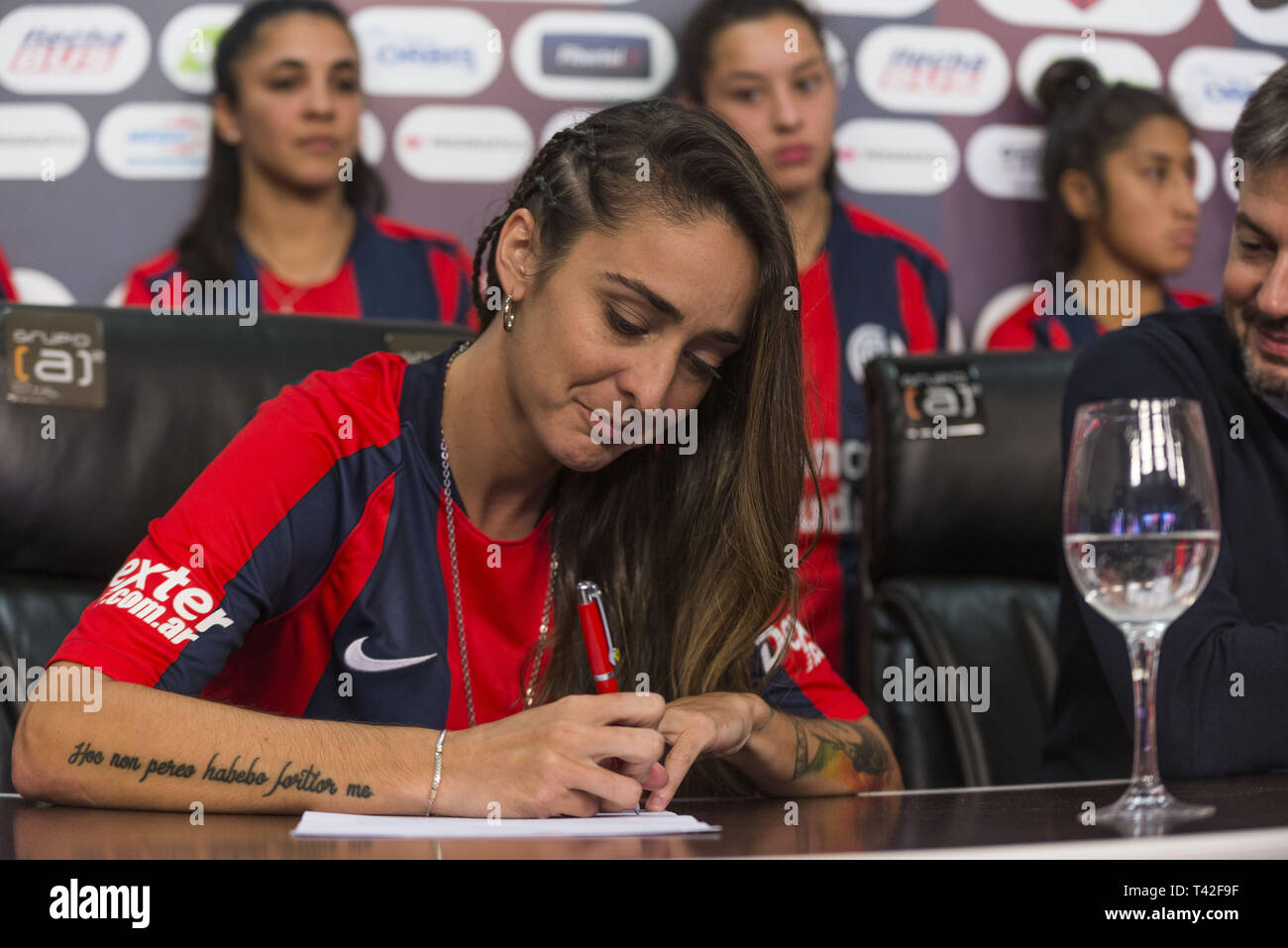 April 12, 2019 - City Of Buenos Aires, City of Buenos Aires, Argentina - SPORTS WorldNews. 2019 April 12, City of Buenos Aires, Argentina. Athletic Club San Lorenzo de Almagro Female football team sign on 2019 April 12th the first professional female football contract in Argentina on first category, after the Argentinian Football Association (AFA in Spanish) agreed on 2019 March 18 to professionalized female football.MACARENA SANCHEZ, one of the football players who fight the lasts months for Professional Female Football, sign on 2019 April 12th the first professional female football contract Stock Photo