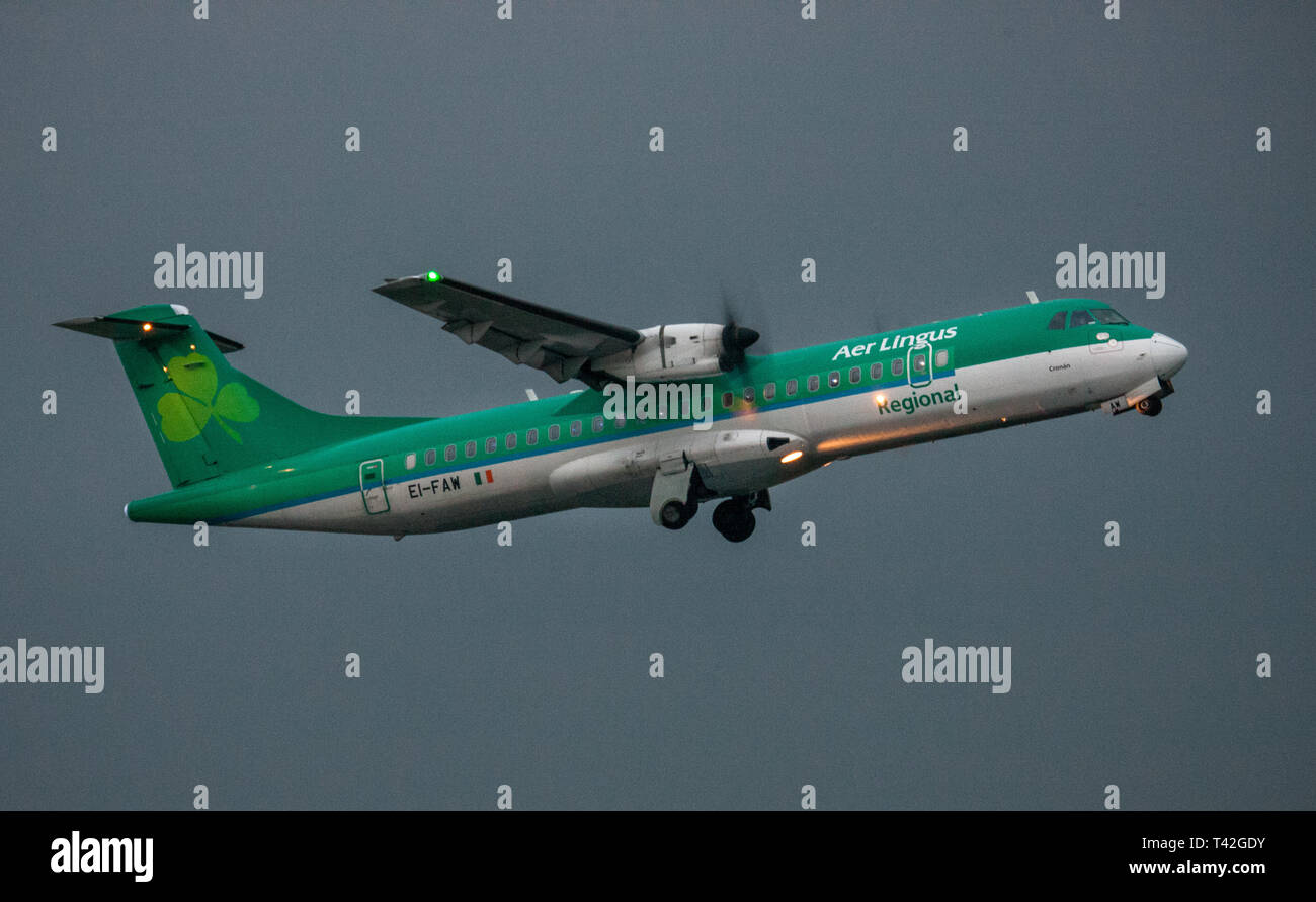Cork Airport, Cork, Ireland. 13th April, 2019.  An Aer Lingus Regional plane bound for Birmingham takes off from Cork, Ireland.  Aer Lingus Regional are operated by Stobart Air whose cabin crew have voted in favour of industrial action and which may ground the Irish operators flights to the UK over the Easter holidays. Credit: David Creedon/Alamy Live News Stock Photo
