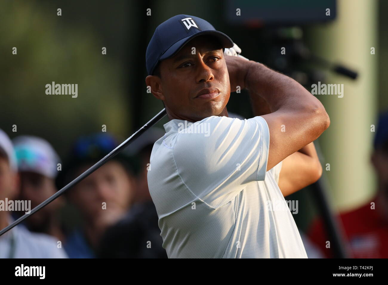 USA's Tiger Woods on the 18th hole during the second round of the 2019 Masters golf tournament at the Augusta National Golf Club in Augusta, Georgia, United States, on April 12, 2019. (Photo by Koji Aoki/AFLO SPORT) Stock Photo